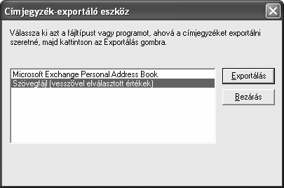 A megjelenő Címjegyzék-exportáló eszköz panelen válasszuk a Szövegfájl (vesszővel