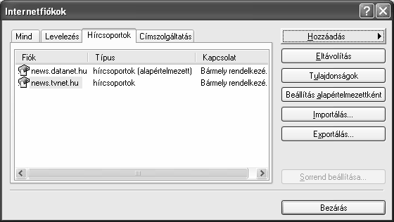 az újonnan beállított szervert felveszi az Internetfiókok panel Hírcsoportok fülén látható listájára. Az alábbi panelen azt láthatjuk, hogy hírkiszolgálóként a news.datanet.