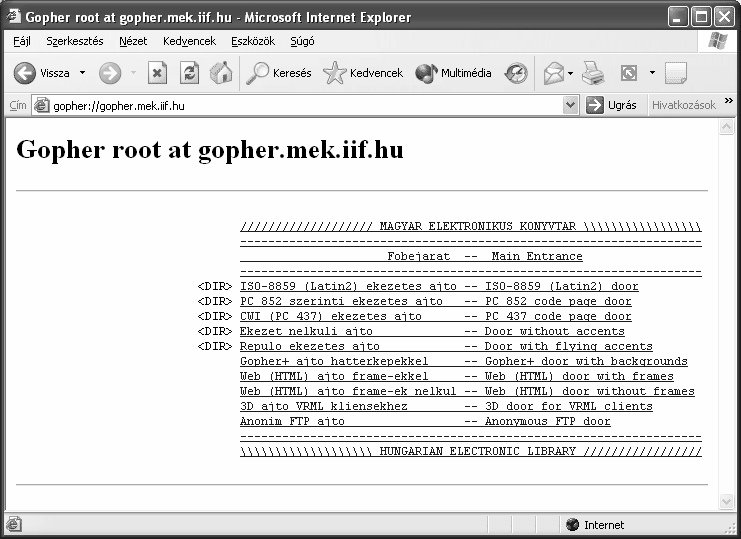 Információ és kommunikáció Az alábbi képen Magyarország egyik legnépszerűbb a gopher://gopher.mek.iif.hu címen található Gopher szerverének, a Magyar Elektronikus Könyvtárnak induló oldalát láthatjuk.