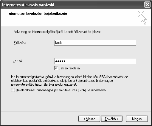 Az Internetes levelezési bejelentkezés párbeszéd panelen a levelezőszerverre való bejelentkezés módját választhatjuk ki.