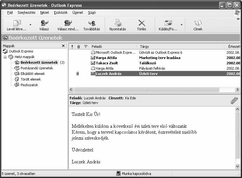 LEVELEK FOGADÁSA ÉS ELOLVASÁSA Az Outlook Express indításakor alaphelyzetben új üzeneteink leolvasása automatikusan megtörténik.
