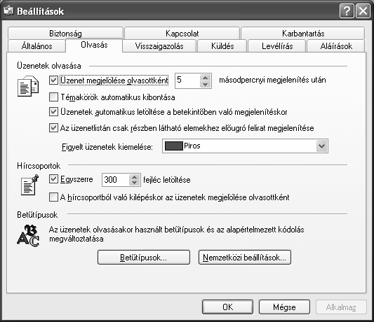 Ha egy olvasatlan levelet külön ablakban nyitunk meg, vagy tartalmát a betekintő ablaktáblán 5 másodpercnél hosszabb időre megjelenítjük, az Outlook Express a levelet elolvasottnak tekinti.