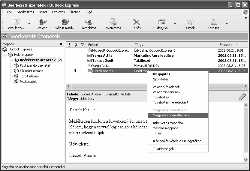 Információ és kommunikáció Az Outlook Expressben lehetőségünk van üzeneteink megjelölésére is, így azok később