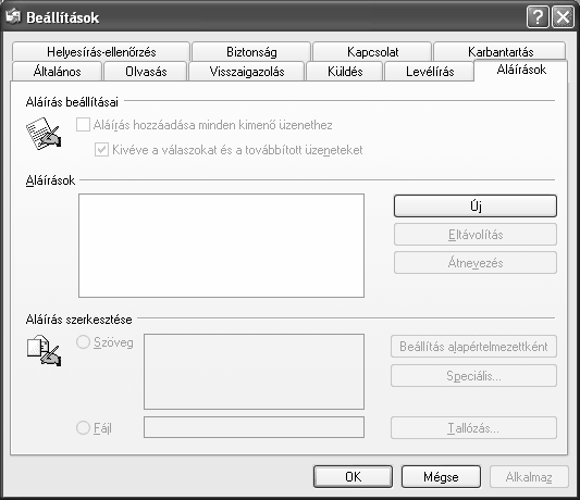 Információ és kommunikáció LEVÉLALÁÍRÁS LÉTREHOZÁSA Üzeneteink aláírásának megkönnyítésére használhatjuk a Levél aláírása funkciót, mely segítségével előre definiált aláírásformát szúrhatunk be