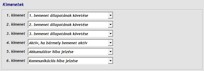 5.1.6 Relé kimenetek A modul 6 relé-kimenettel rendelkezik (1. - 6. kimenet), melyek közül bármelyikre beállítható az alábbi funkciók egyike: 1. bemenet állapotának követése: a kimenet az 1.