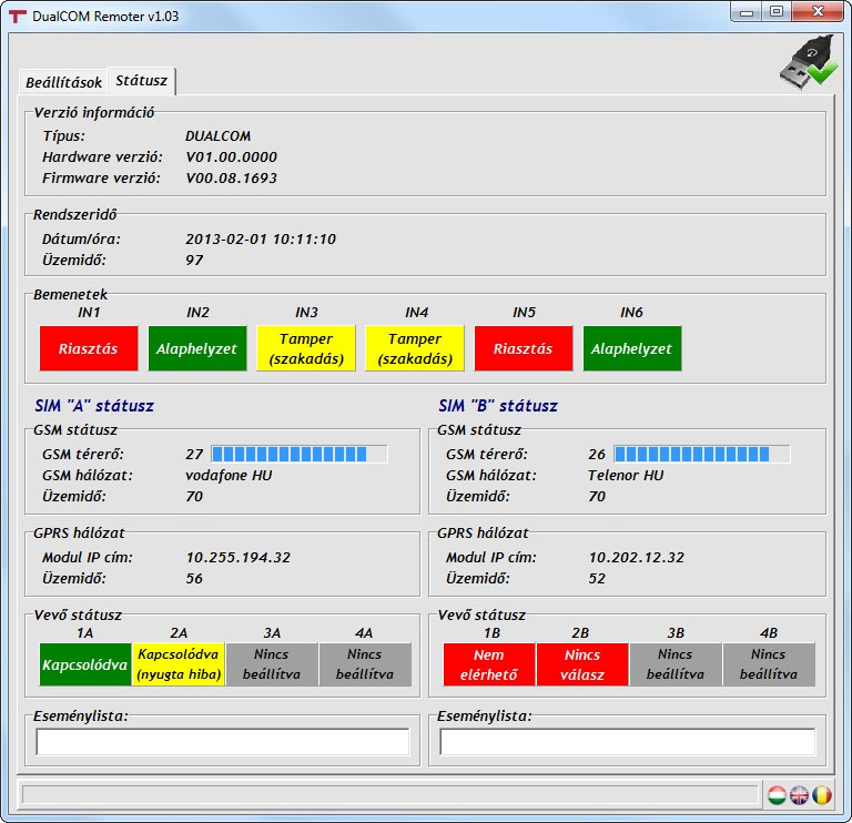5.3 Modulállapot figyelés 5.3.1 Modul státusz A Státusz ablakban ellenőrizhető a csatlakoztatott modul állapota: Verzió információ: - Típus: a modul típusát jelzi - Hardware verzió: a modul hardver