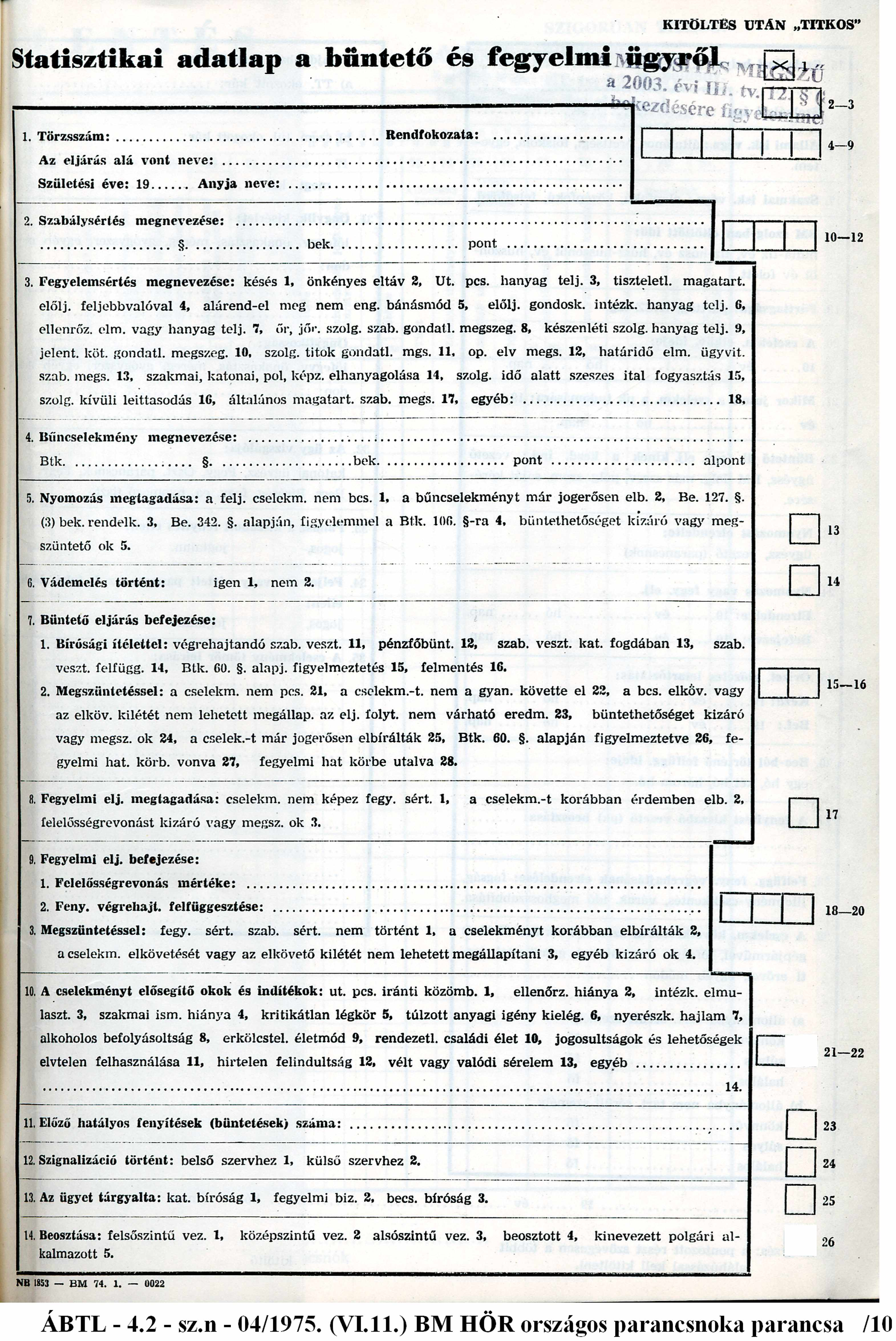 KITÖLTÉS UTÁN TITKOS Statisztikai adatlap a büntető és fegyelmi ügyr ől 2 3 1. Törzsszám:... Rendfokozata: 4 9 Az eljárás alá vont neve:... Születési éve: 19... Anyja neve:... 2. Szabálysértés megnevezése:.