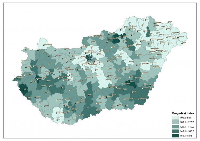 Forrás: TeIR, KSH-TSTAR Térkép: TeIR Tematikus Térképek 140,0% Öregedési index (%) 120,0% 100,0% 80,0% 60,0% 40,0% 20,0% 0,0% A vizsgált települést az országos és a járási adatokkal összevetve