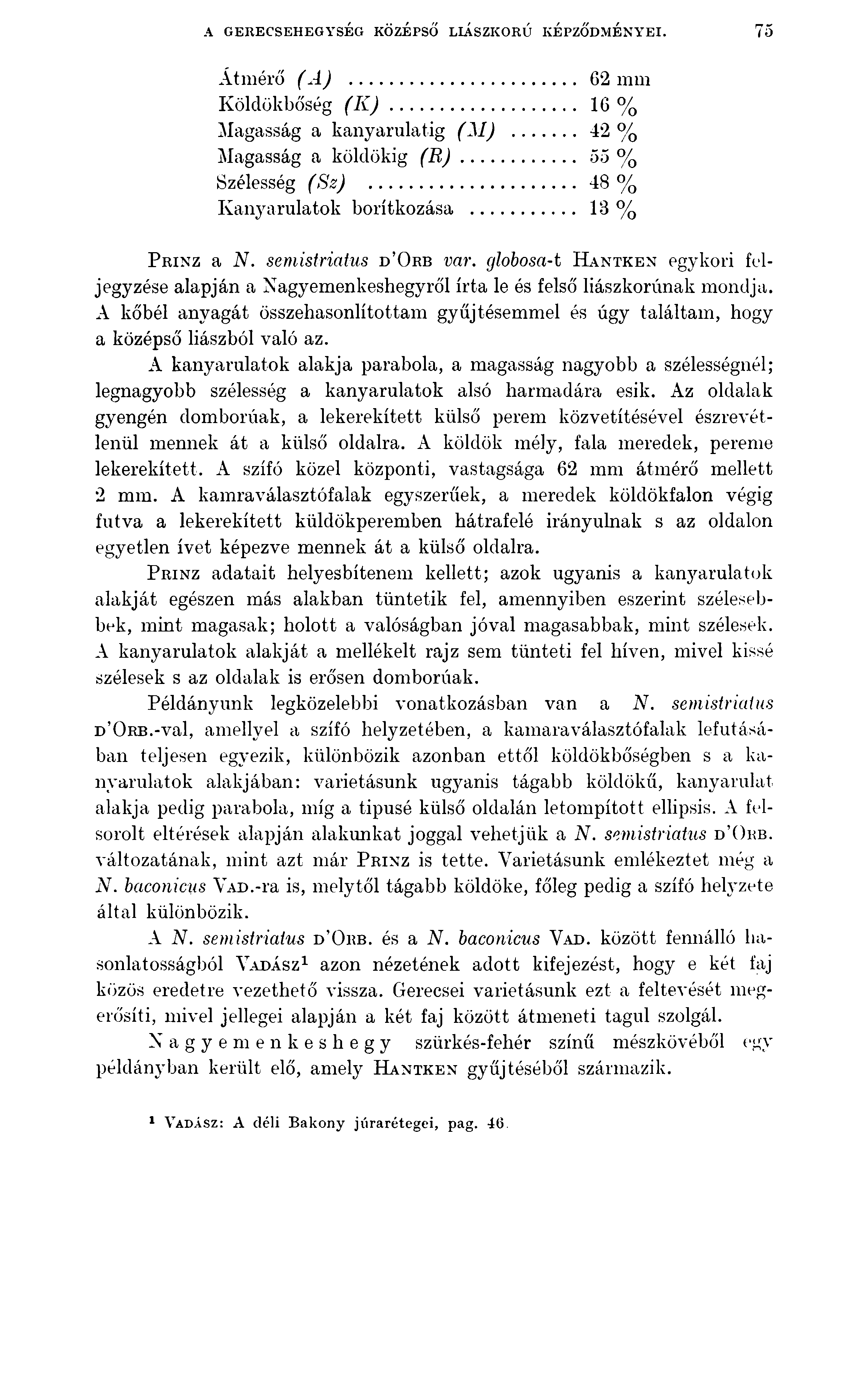 A GERECSEHEGYSÉG KÖZÉPSŐ LIÁSZKORÚ KÉPZŐDMÉNYEI. 75 Átmérő (A )...62 mm Köldökbőség ( K )...1 6 % Magasság a kanyarulatig (M )...42 % Magasság a köldökig ( R )...55 % Szélesség (Sz).