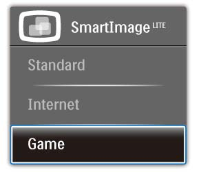 3. Képoptimalizálás Három üzemmód közül választhat: Standard (Normál), Internet és Game (Játék).