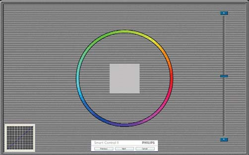 A Previous (Előző) gomb le van tiltva, amíg a második szín képernyőre nem lépett. A Next (Tovább) gombbal a következő képernyőre léphet (6 db beállító képernyő).
