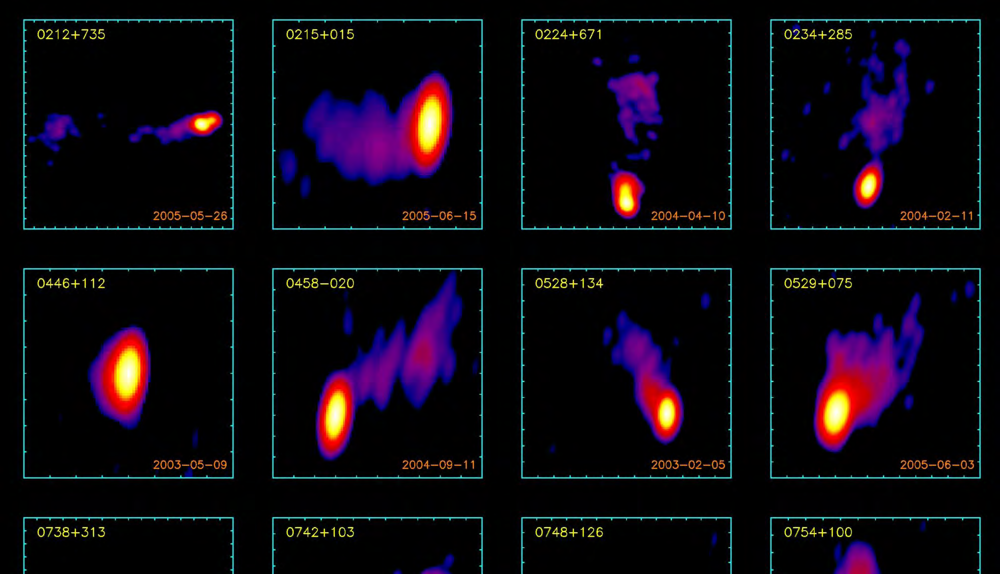 Jellegzetes mag-jet struktúrák (MOJAVE felmérés, 15 GHz,