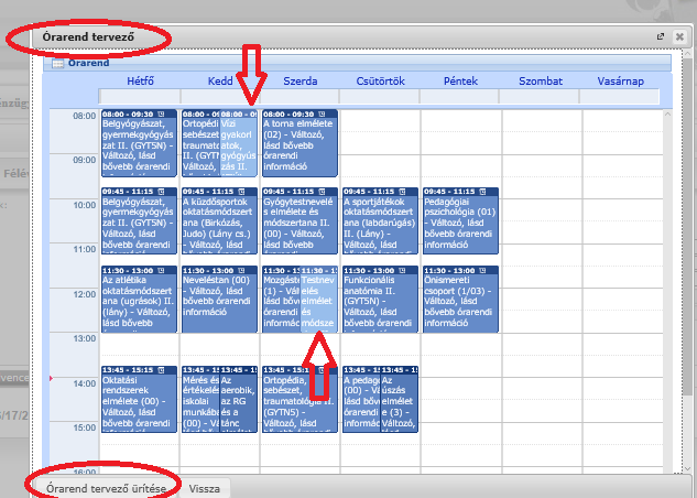 1. Az órarendtervezés menete: Tárgyfelvétel esetén a megnyitásra kerülő Tárgy adatok ablak felvehető kurzusainál található egy Órarendtervezőbe gomb, a tetszőleges