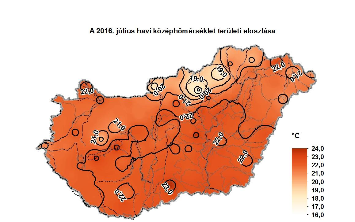 Léghőmérséklet A július havi középhőmérséklet 16,7 C (Kékestető) és 23,6 C (Jánoshalma) között alakult, az országos területi átlagérték 21,6 C volt, ami a sokévi (1971-2000) júliusi átlagnál 1,3