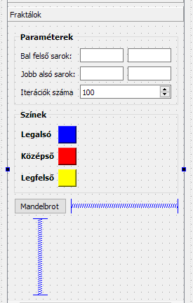 Az eddig nem használt elemek az oldalon: 1. A két kontrol csoport (Group Box), egyik címe (title) Paraméterek, másiké Színek. Ha csak ezeket írjuk át akkor a címek nem lesznek megvastagítottak.