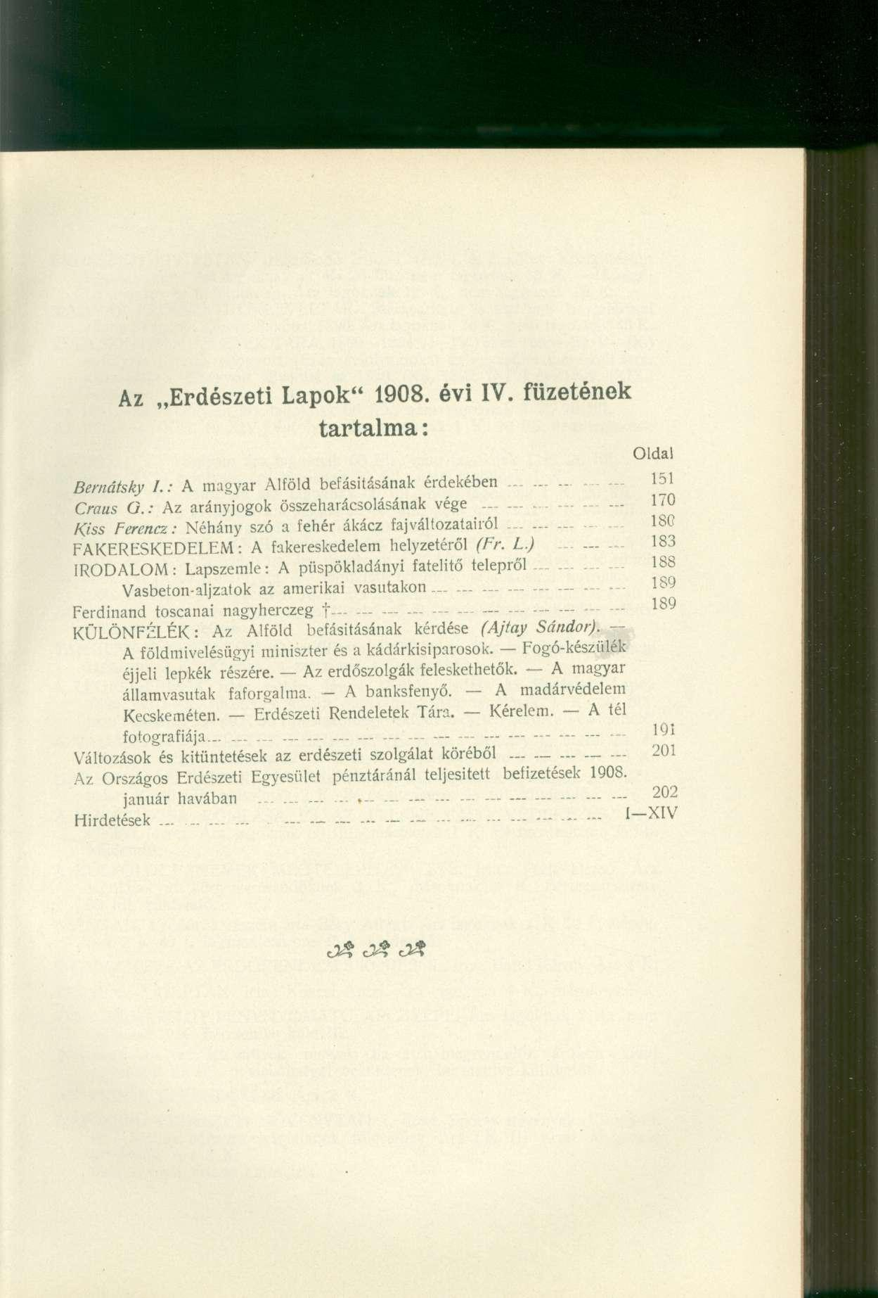 Az Erdészet i Lapok" 1908. évi IV. füzeténe k tartalma: Oldal Bernátsky /.: A magyar Alföld befásitásának érdekében.............. 151 Craus ü.: Az arányjogok összeharácsolásának vége.