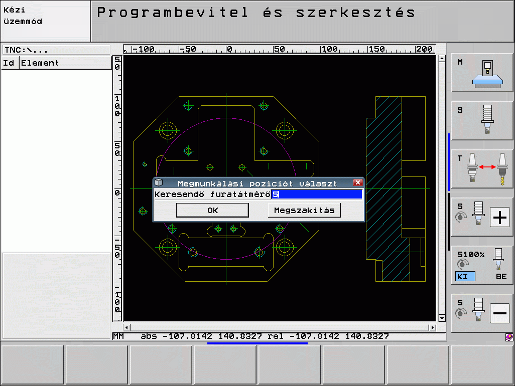 DXF fájlok feldolgozása (Szoftver opció) Furatpozíciók gyors kiválasztása átmérő megadásával U Válassza ki a megmunkálási pozíció kiválasztási módját.