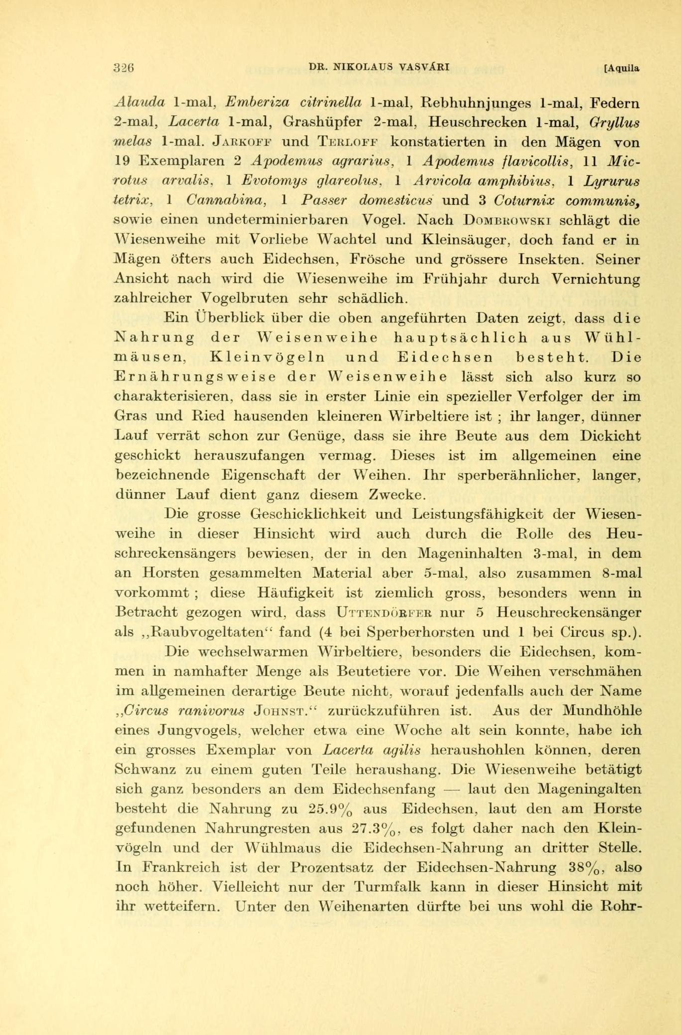 326 DR. NIKOLAUS VASVÁRI [Aquila Alauda 1-mal, Emberiza citrinella 1-mal, Rebhuhnjunges 1-mal, Federn 2-mal, Lacerta 1-mal, Grashüpfer 2-mal, Heuschrecken 1-mal, Gryllus melas 1-mal.