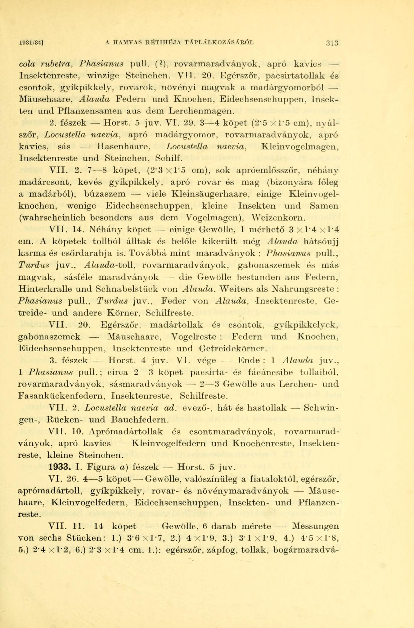 1931/34] A HAMVAS RÉTIHÉJA TÁPLÁLKOZÁSÁRÓL 313 cola rubelra. Phasianus puli. (?), rovarmaradványok, apró kavics Insektenreste. winzige Steinchen. VII. 20.