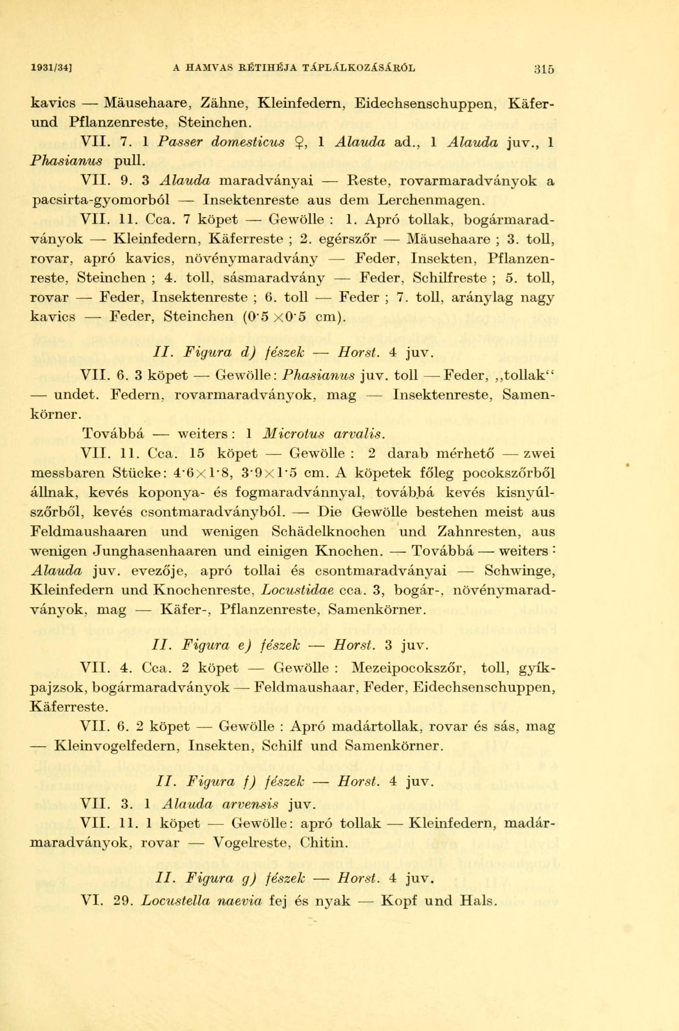 1931/34] A HAMVAS RÉTIHÉJA TÁPLÁLKOZÁSÁRÓL 315 kavics Mäusehaare, Zähne, Kleinfedern, Eidechsenschuppen, Käferund Pflanzenreste, Steinchen. VII. 7. 1 Passer domesticus, 1 Alauda ad., 1 Alauda juv.