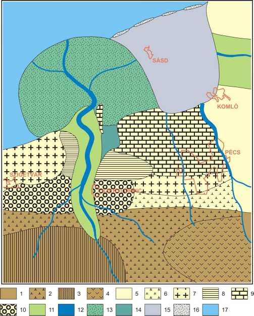 2. ábra Ősföldrajzi rekonstrukció az ottnangi korszakról. Jelmagyarázat: 1-10: Lepusztulási terület, alapkőzet. 1: Hegység. 2: Hegység, metamorf kőzetek. 3: Hegység, karbon üledékes kőzetek.