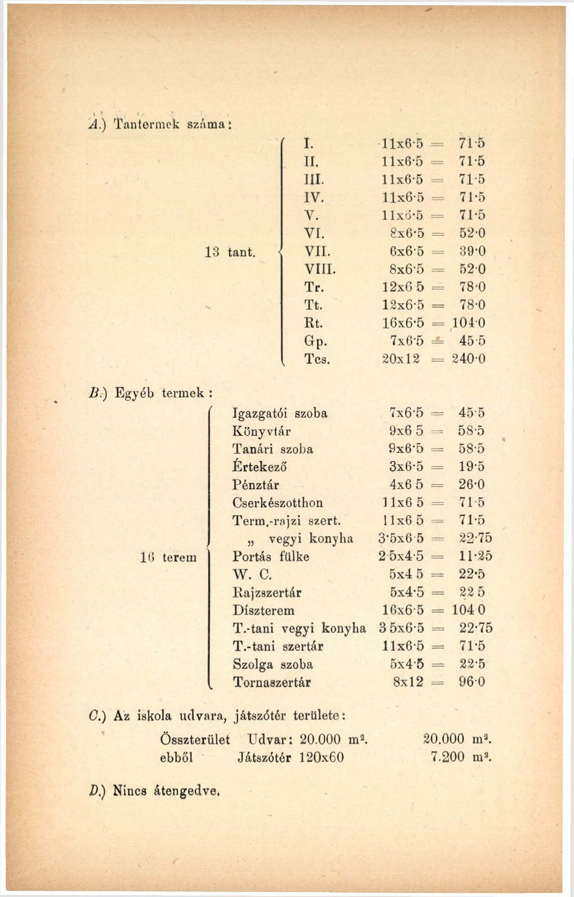 A.) Tantermek száma: 13 tant. I. ír. n i. ív. v. VI. VII. VIII. Tr. Tt. Rt. Gp. Tcs.