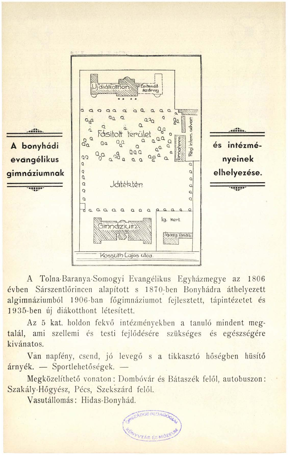 A bonyhádi evangélikus gimnáziumnak és intézményeinek elhelyezése.