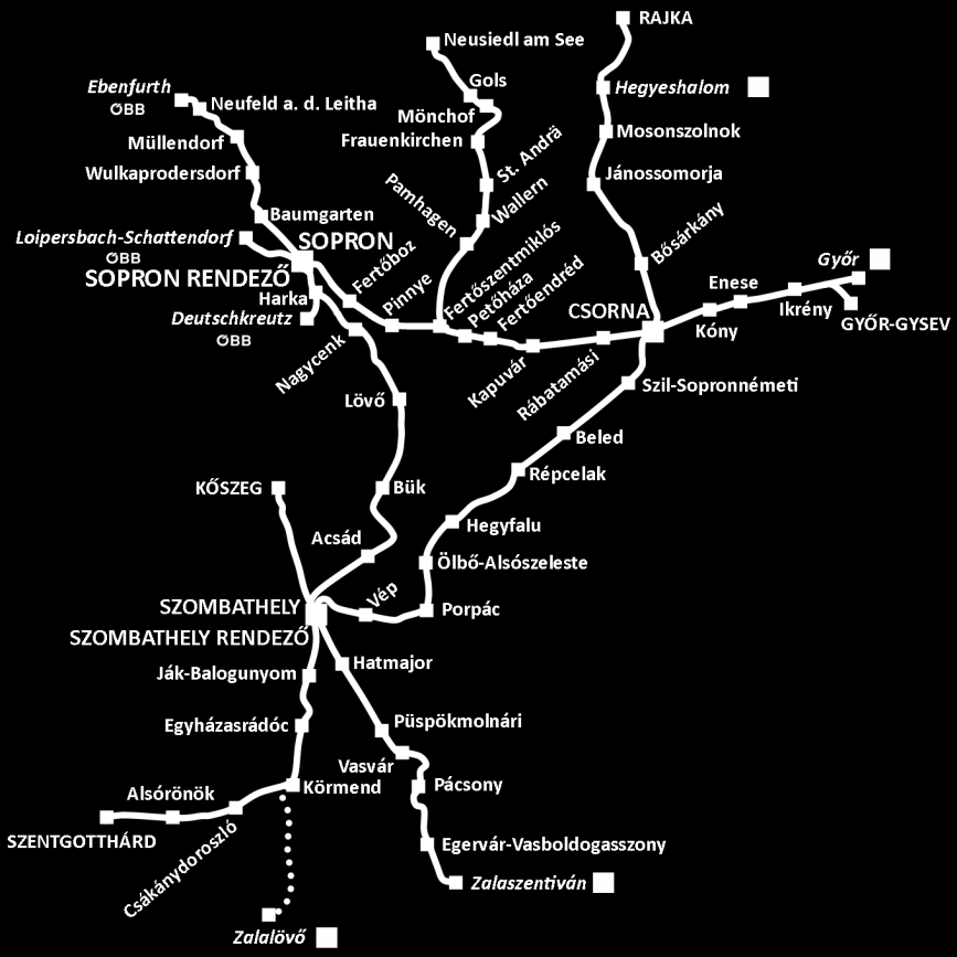 A GYSEV Zrt. által üzemeltetett vonalhálózat Ebenfurth - Wulkaprodersdorf Sopron 31,0 km Sopron Győr 88,9 km Neusiedl am See Pamhagen Fertőszentmiklós 49,3 km Ágfalva oh.