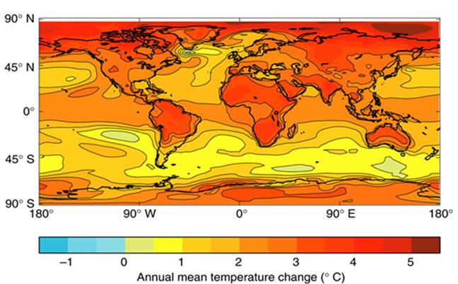 A CO2 ~1%/év emelkedésével számolt globális évi középhőmérséklet változás