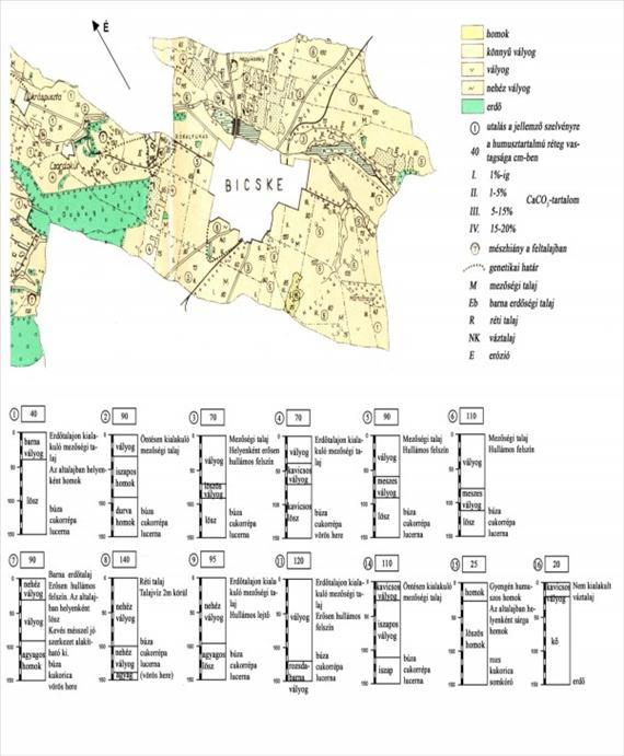 3. ábra. A Géczy-féle községhatáros talajtérkép részlete (Bicske környéke, Fejér megye) néhány jellemző talajszelvénnyel. Tájtermesztési térképek M= 1:75 000. Kreybig az 1:25 000 ma.