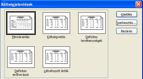 41. ábra. Költségjelentések Ezeket a jelentéseket a szerkesztés gombbal testre szabhatjuk.