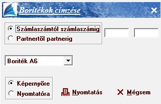 Borítékok nyomtatása Az etikettek nyomtatásához hasonlóan itt borítékokat nyomtathat. Szűrési lehetőség van számlaszámtól számlaszámig, illetve partnertől partnerig.