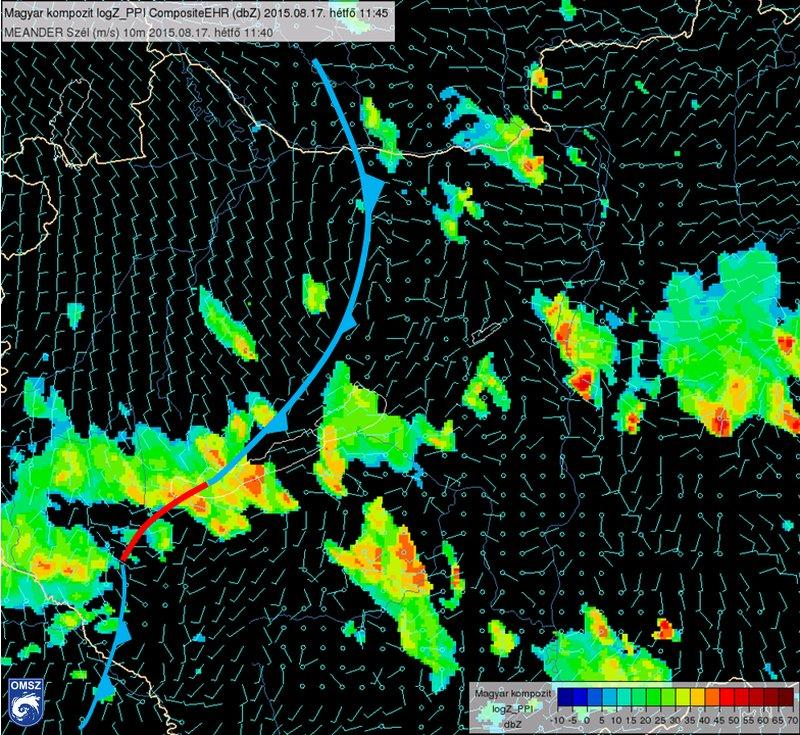 beáramló nedvesség hosszú időn keresztül táplálta a fejlődő zivatarokat. 27. ábra: Magyarország radarképe felszíni szélanalízissel 2015.08.17-én 11:40 UTC-kor.