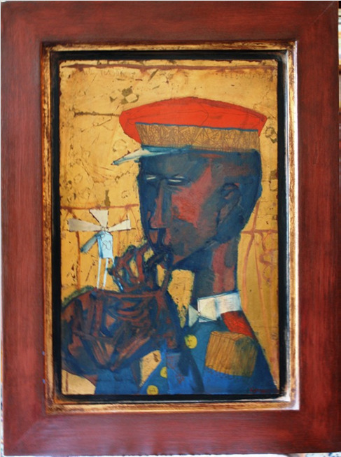 mű-tücsök felbocsátása, 1958, (farost, olaj, arany, 46x30 cm,