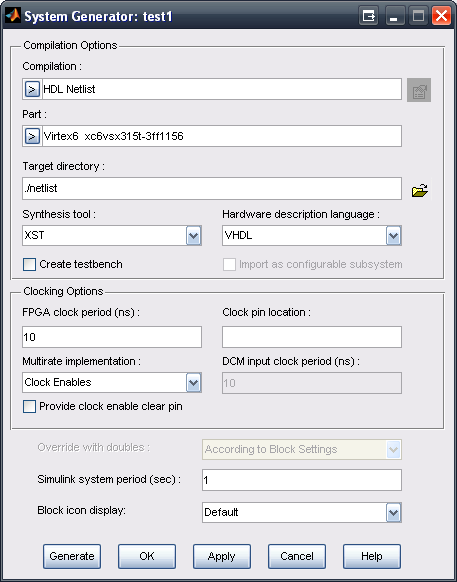 System Generator blokk Kimenet HDL, huzalozási lista, bit file HW ko-szimuláció Órajel periódus