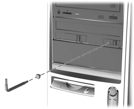 Hardverb vítés A MultiBay modult rögzít biztonsági csavar eltávolítása A biztonsági csavar megakadályozza a MultiBay modul kioldóreteszének használatát, így a modulban lévő meghajtó nem vehető ki.