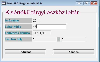 1.B.2.A. Kis értékű tárgyi eszköz leltár A kis értékű eszközökről is tudunk leltárt készíteni. A leltárt tárolási helyenként készíti el a program (tárolási helyenként külön oldalra).