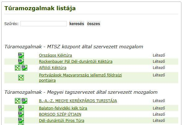 Túramozgalmak menüre kattintva megjelenik a túramozgalmak listája Alaphelyzetben az összes túramozgalmat