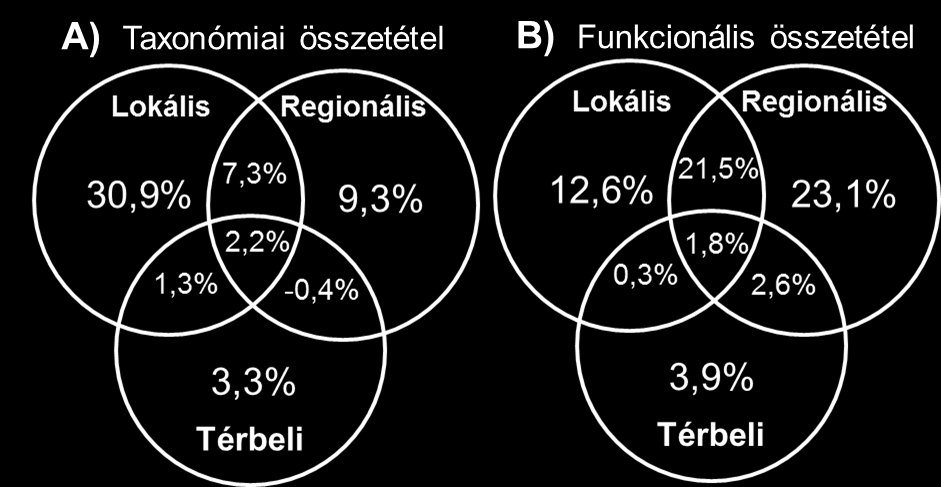 Tisztán, a térbeli elhelyezkedéstől és a regionális tényezőktől független, lokális abiotikus környezet variabilitása az összes varianciából kétszer nagyobb hányadot magyarázott a taxonómiai (30,9 %),
