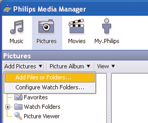 Fájlok hozzáadása a Philips Media Manager-hez (PMM-hez) & Válassza ki a PMM-et a Windows Start menüjében, vagy duplán kattintson rá a PMM ikonjára a