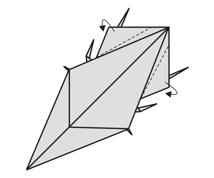 45. A jelzéseknél a csúcsok oldalait horpasszuk be. 46. A belső két háromszöget hajtsuk ki. 47.