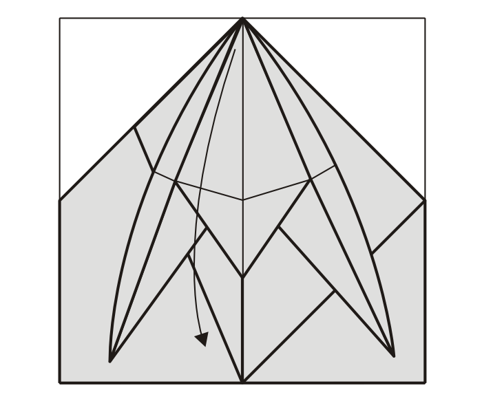 25. A csúcs hátsó lapjait fogjuk meg, és nyissuk szét a figurát. 26. A felső csúcsot hajtsuk le. 27.