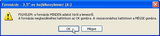 Az ábrák alatt találjuk a hiba megszőntetésének módját. A lemez írásvédı kapcsolóját állítsuk be úgy, hogy a mellette lévı ablakon ne lássunk át! Próbáljuk meg a teljes formázást!