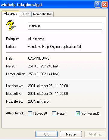 A kért adatokat olvassuk le, majd jegyezzük fel! Zárjuk be a WINHELP.EXE tulajdonságai ablakot! Kattintsunk az ESZKÖZTÁR nyomógombjára! A virtuális meghajtó fımappájába érkezünk.