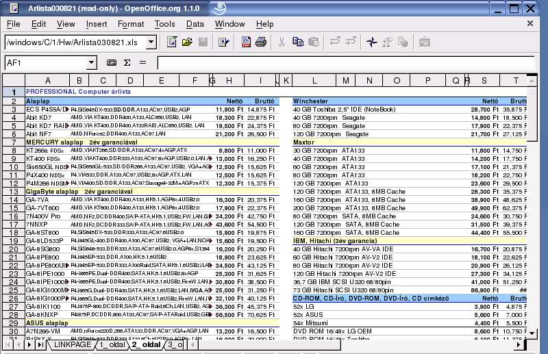 O p e r á c i ó s r e n d s z e r e k (SuSE Linux 9.0) A sikeres mentés után zárjuk be az OPENOFFICE ablakát! b) Az OPENOFFICE táblázatkezelıje (Spreadsheet) kezeli az.xls kiterjesztéső fájlokat is.