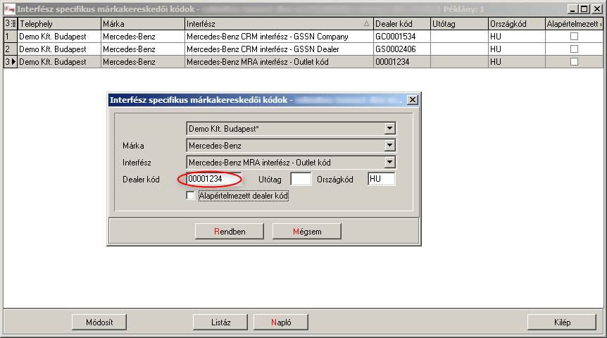 6. Ábra: Ha az "Alapértelmezett dealeri kód" kapcsoló kikapcsolt, akkor kézzel megadható az