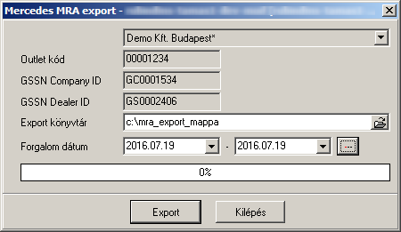 Export könyvtár a mező végén lévő ikonnal egyszerűen kiválasztható, meg kell hogy egyezzen az FTPS szerver <upload> mappájával, lásd 5 Mercedes MRA rendszer FTPS szerver paraméterei fejezet.