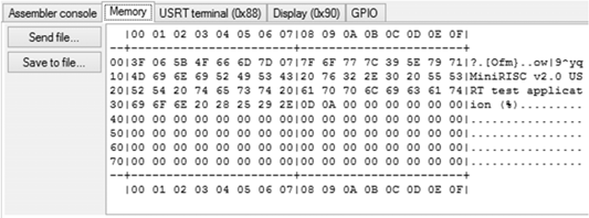 MiniRISC IDE Memory ablak A 128 x 8 bites adatmemória tartalmát jeleníti meg Az egyes adatbájtokra kattintva