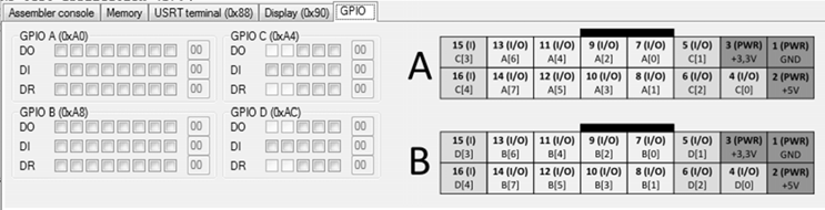 elküldésére és a vett adat fájlba mentésére is GPIO ablak A GPIO perifériák állapotát jeleníti meg és ezek