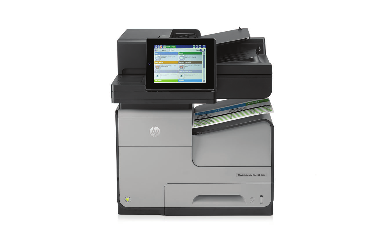 Adatlap HP Officejet Enterprise Color MFP X585 sorozat Vállalati használatra kész a lézernyomtatóknál akár kétszer gyorsabb nyomtatás, fele akkora oldalankénti költség mellett 1,2.